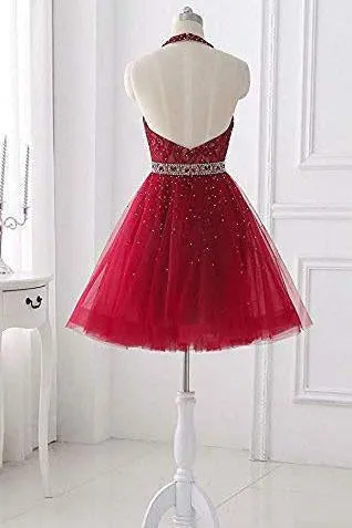 Burgundy Short Lace Beaded Halter Backless Evening Prom Dresses Homecoming Dresses