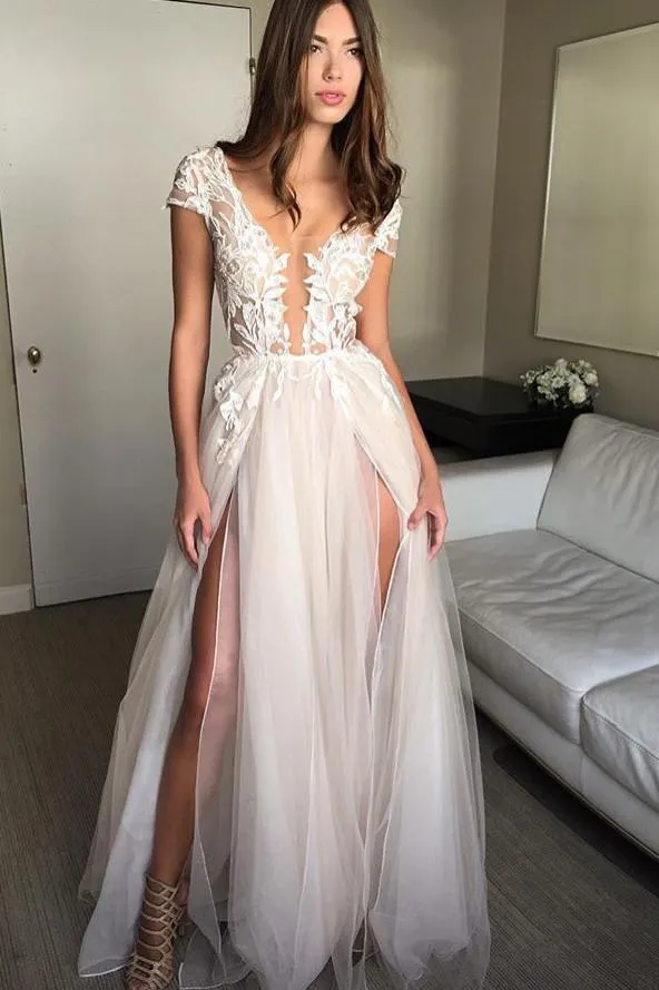 Cap Sleeve Tulle Prom Dress Appliqued Backless Wedding Dresses with Split  ER2112