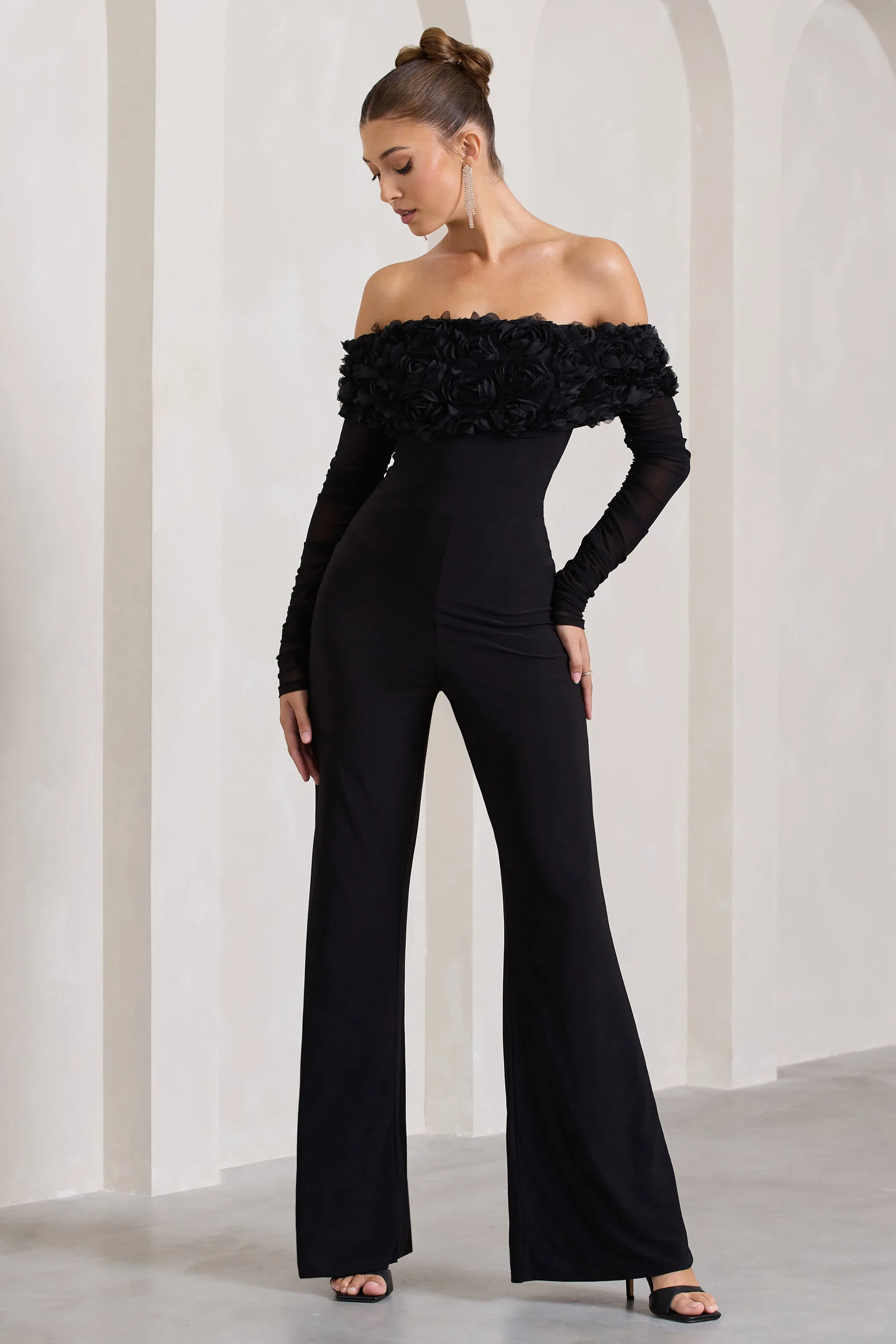 Celebrate | Black Bardot Long-Sleeved Flared-Leg Jumpsuit With Flowers