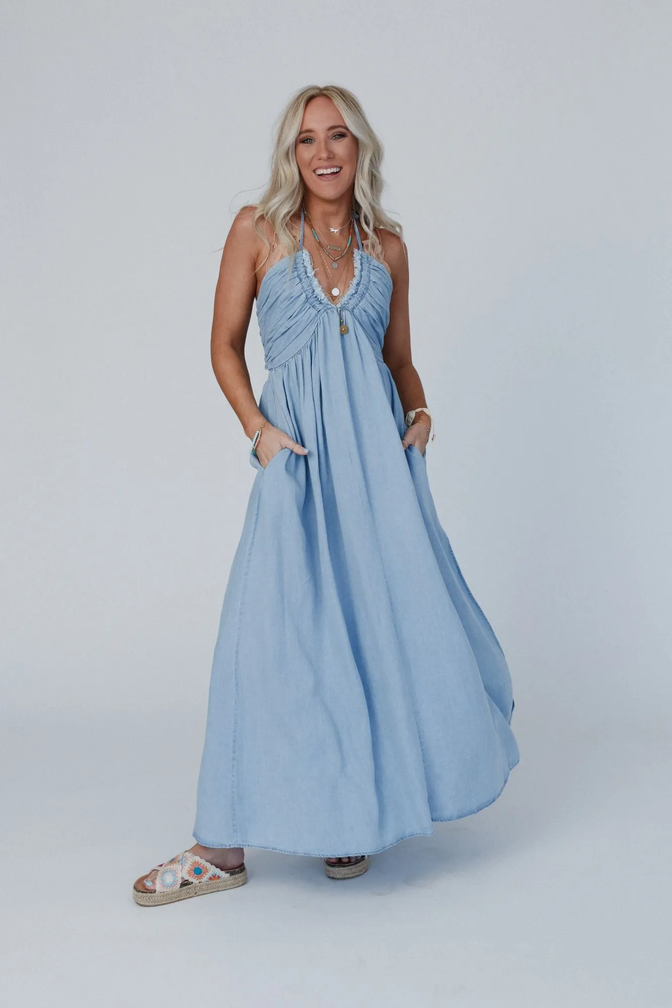 Cityscape Halter Denim Maxi Dress - Blue