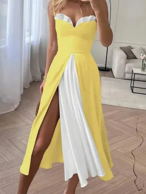 Colorblock sphaghetti strap midi dress in yellow