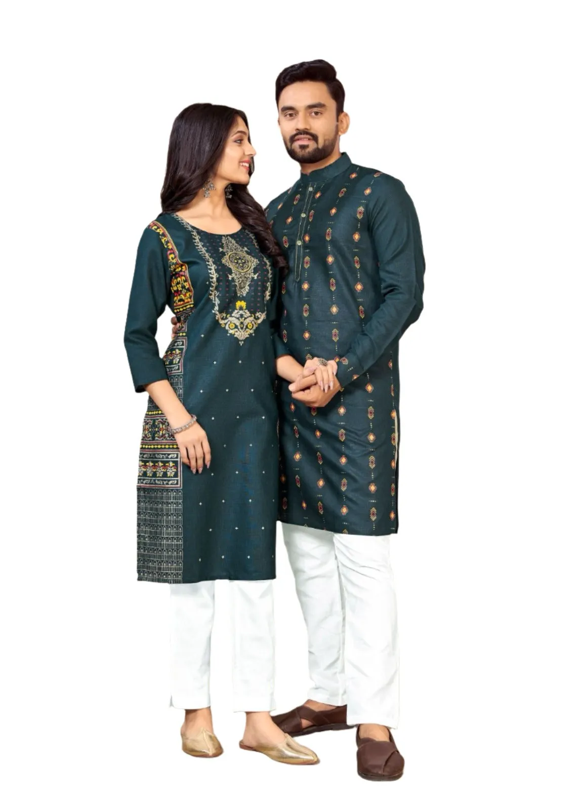 Matching Traditional Indian Cotton Outfits Set in Same Color for Couples