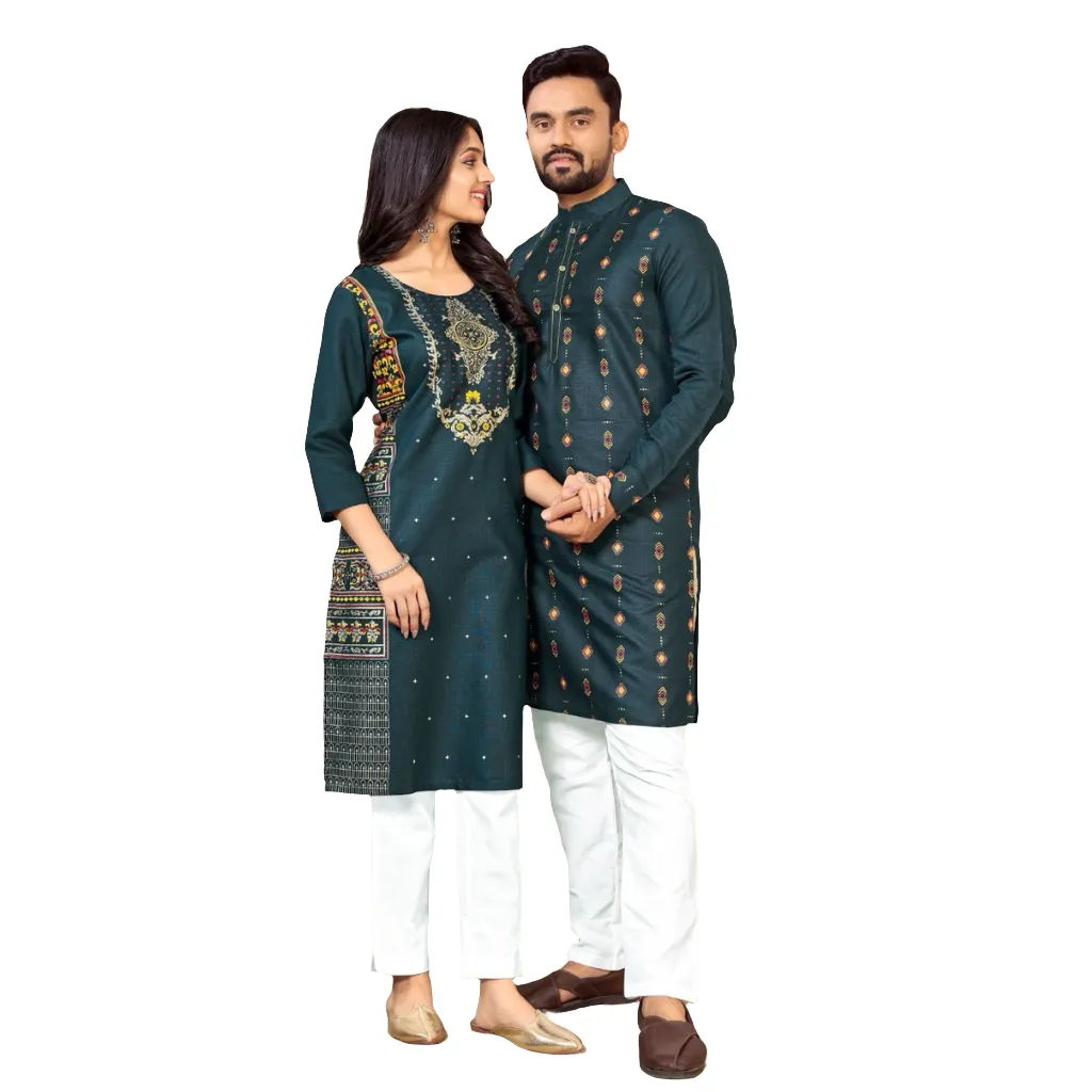 Matching Traditional Indian Cotton Outfits Set in Same Color for Couples