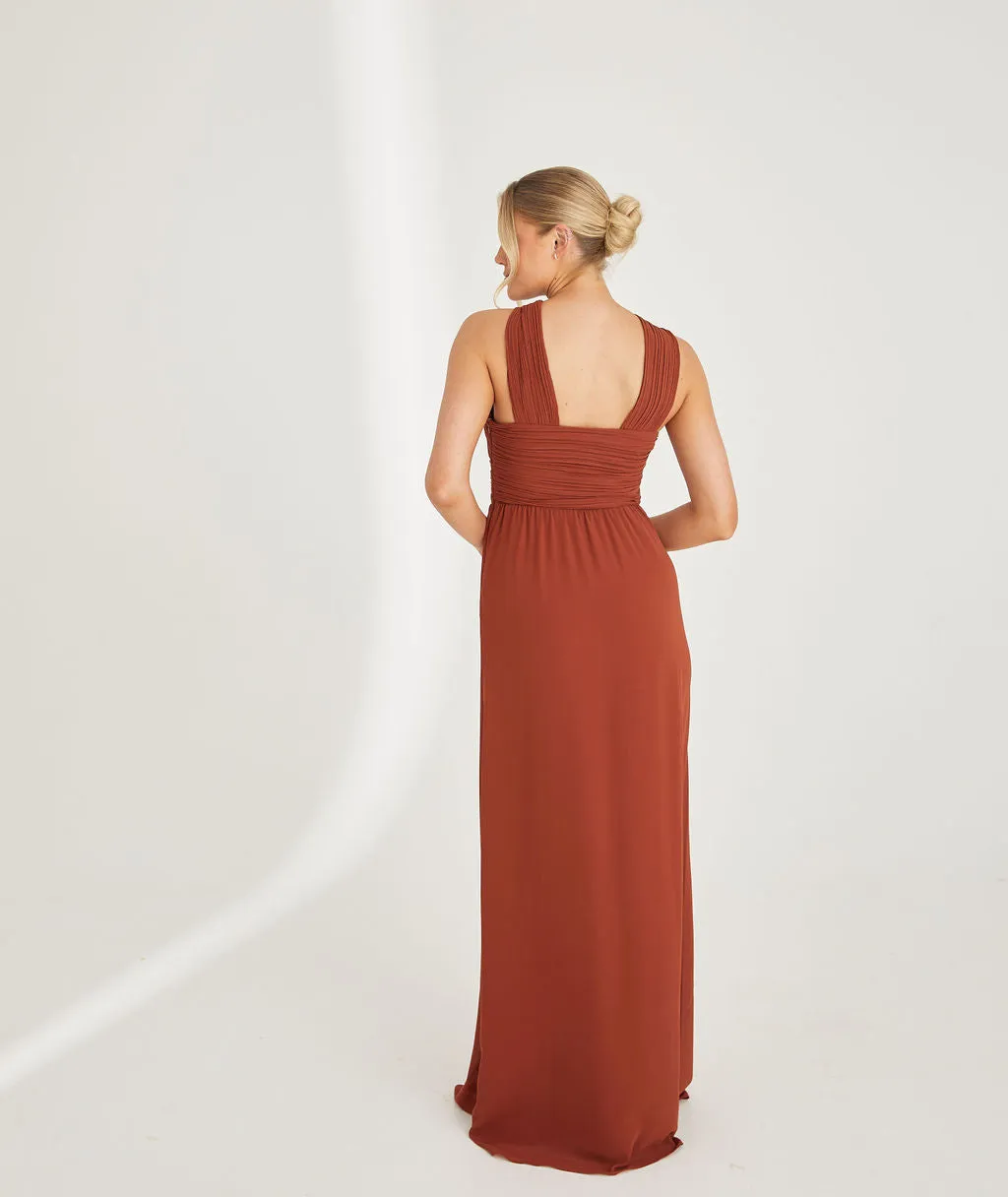 Cross Neck Pleated Waist Chiffon Bridesmaid Dress - Rust