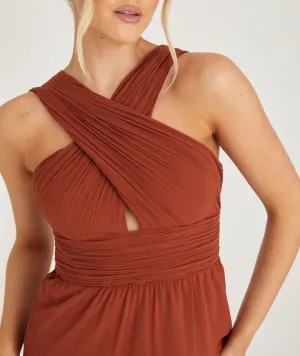 Cross Neck Pleated Waist Chiffon Bridesmaid Dress - Rust