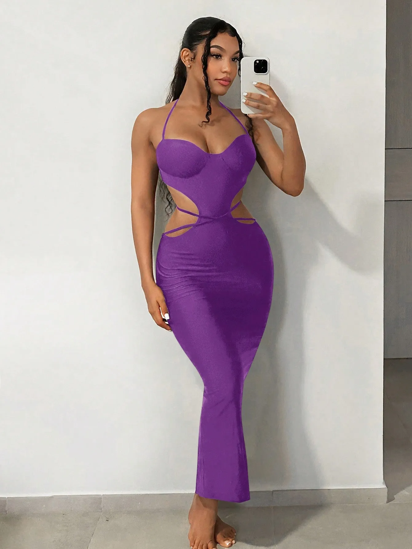 Cut Out Tie Backless Halter Bodycon Dress