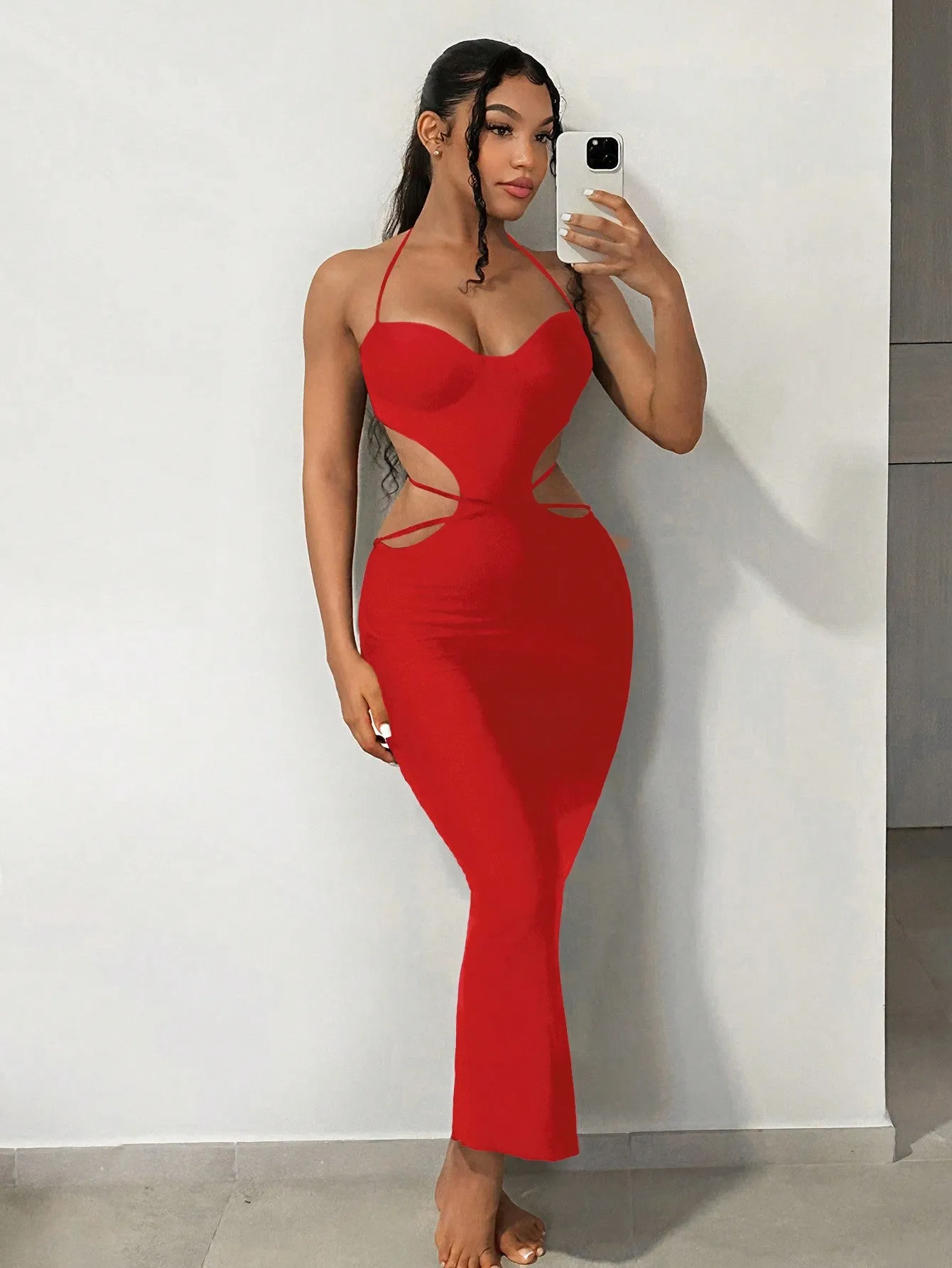 Cut Out Tie Backless Halter Bodycon Dress