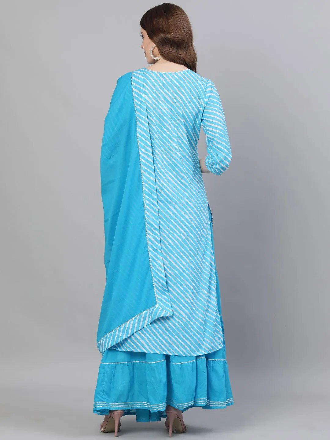 Cyan Blue Leheriya Kurta-Skirt Set