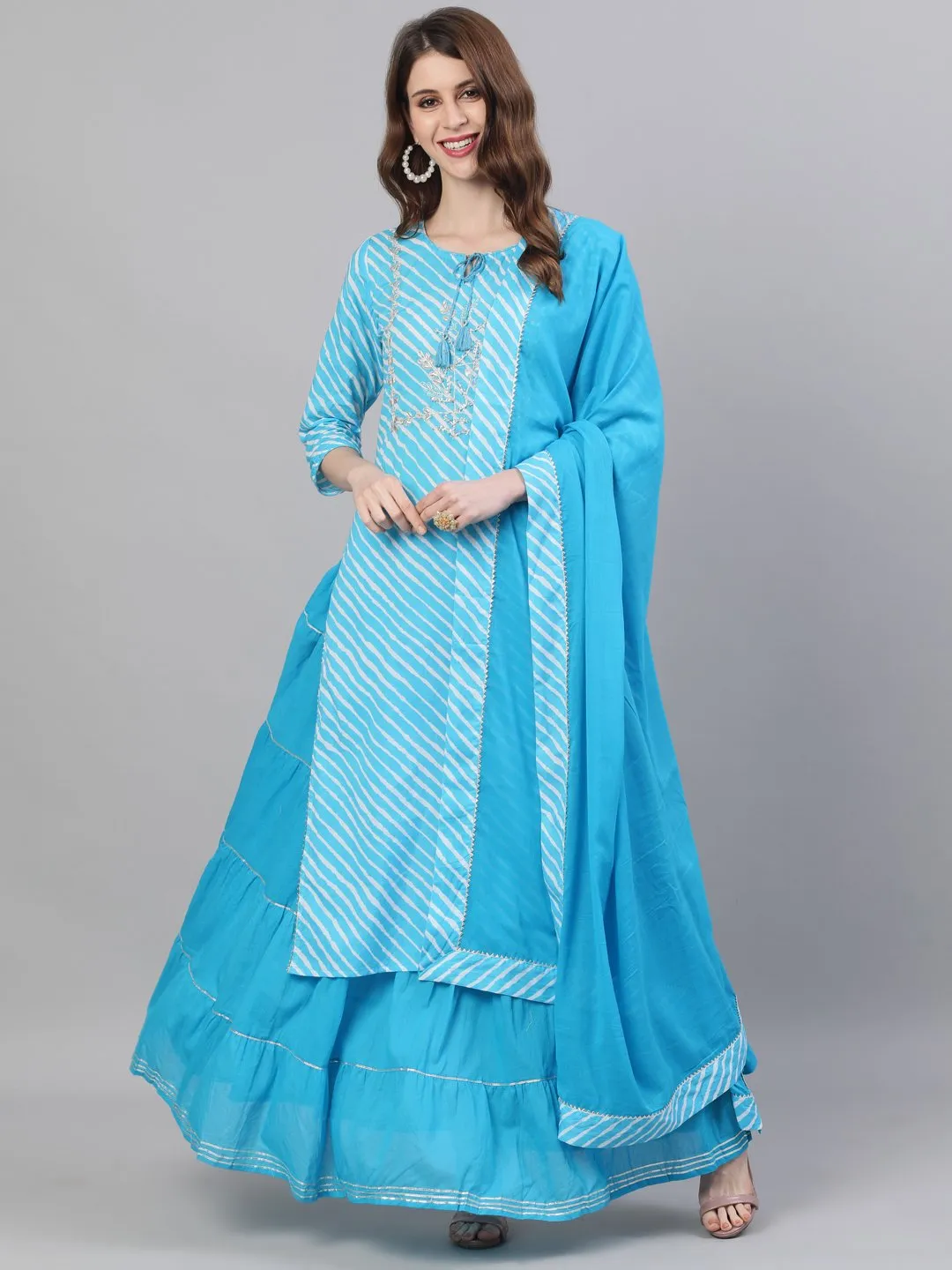 Cyan Blue Leheriya Kurta-Skirt Set