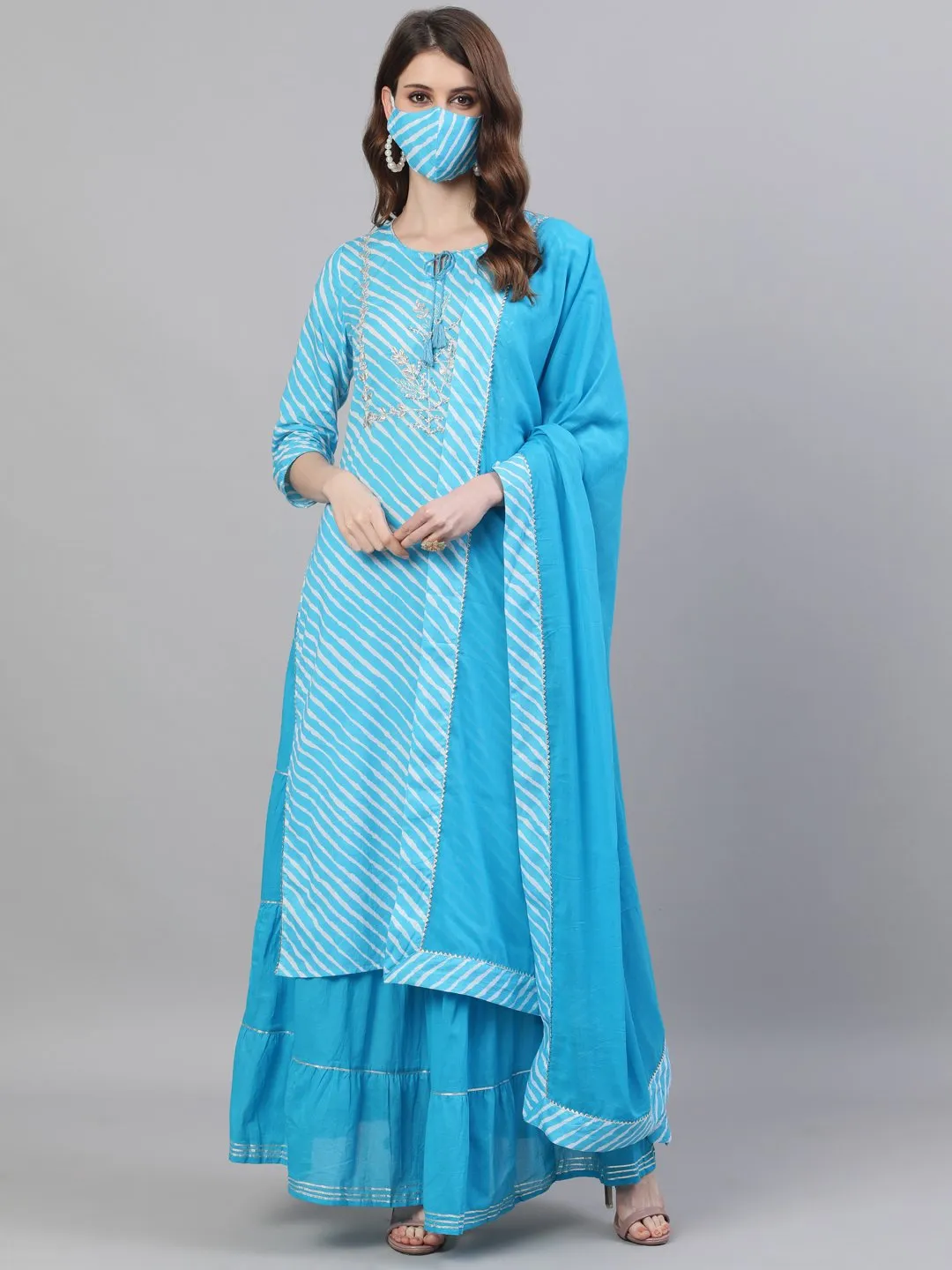 Cyan Blue Leheriya Kurta-Skirt Set