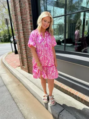 Dancing in Paisley Pink Split Neck Faux Button Balloon Sleeve Dress