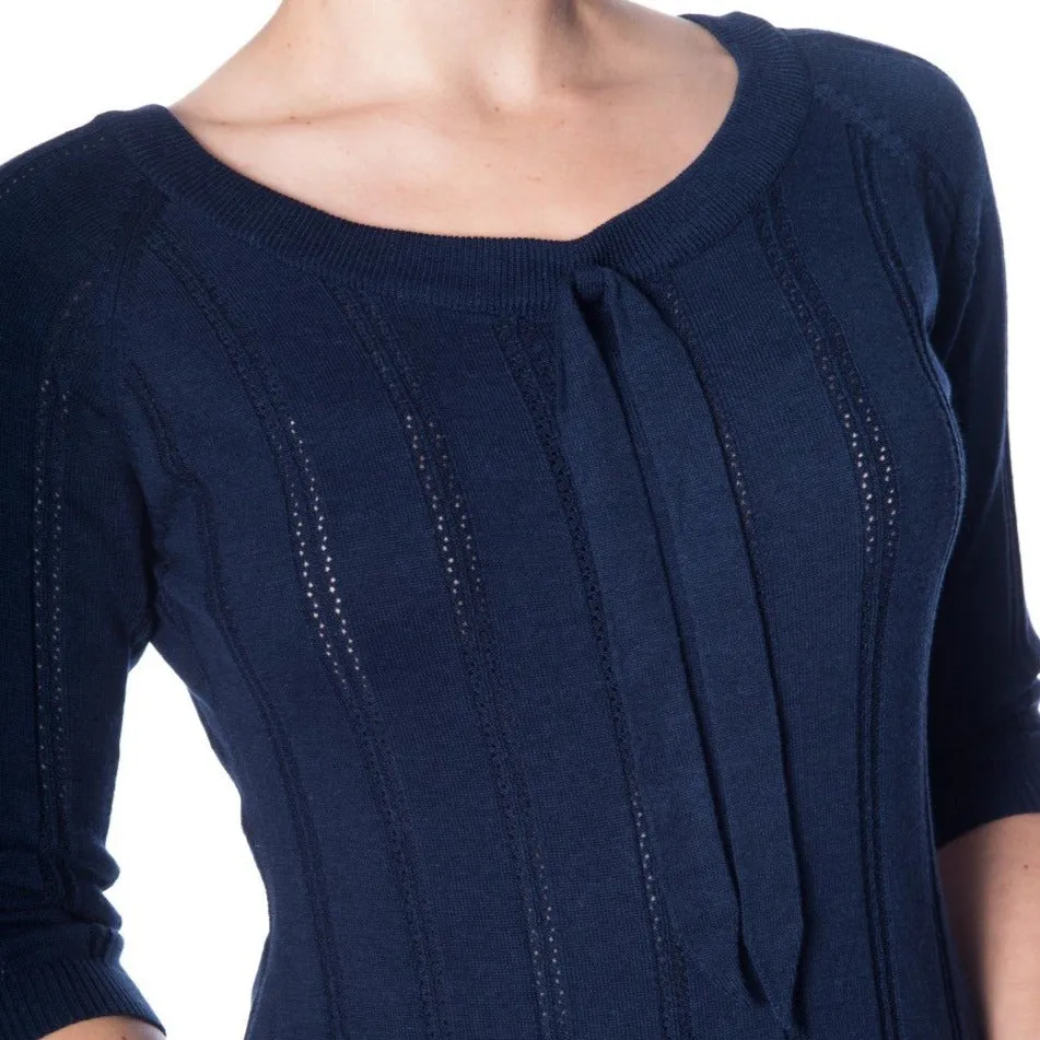 Dark Navy Blue Vintage 3/4 Sleeve Knitted Tie Detail Top