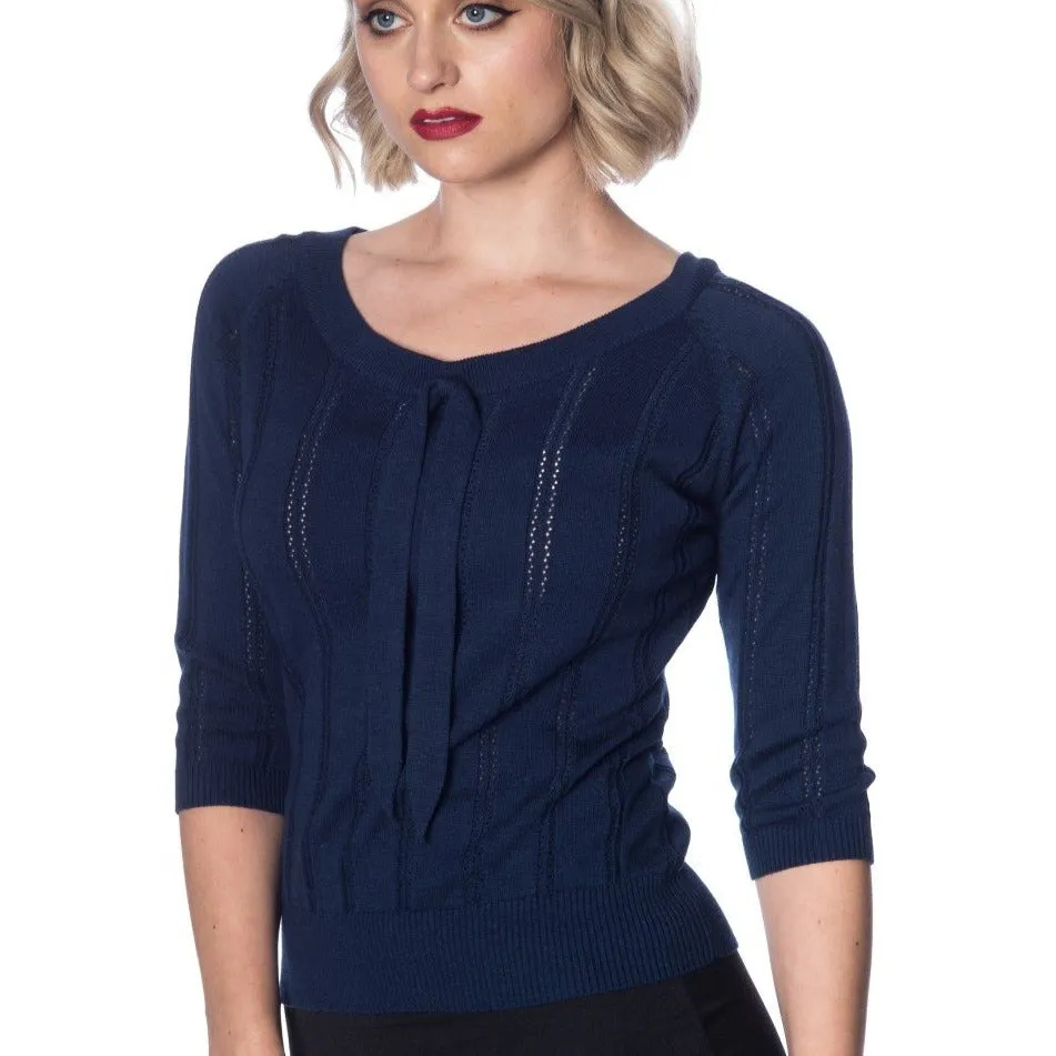 Dark Navy Blue Vintage 3/4 Sleeve Knitted Tie Detail Top