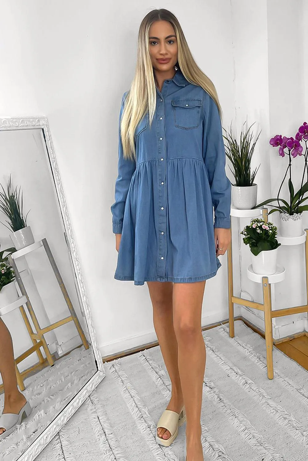 Denim Blue Pearl Buttons Frill Hen Denim Shirt Dress