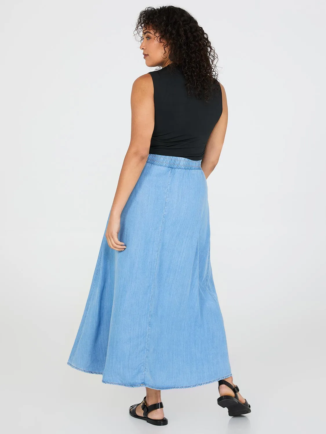 Denim Drawstring A-Line Midi Skirt