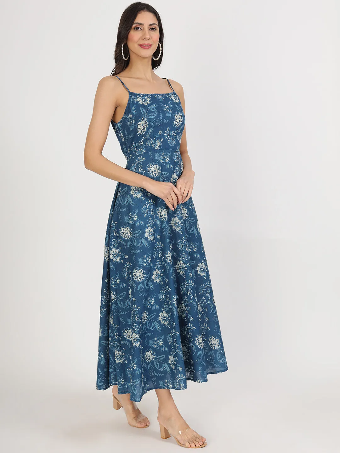 Indigo Blue Cotton Long Dress for Women by Divena