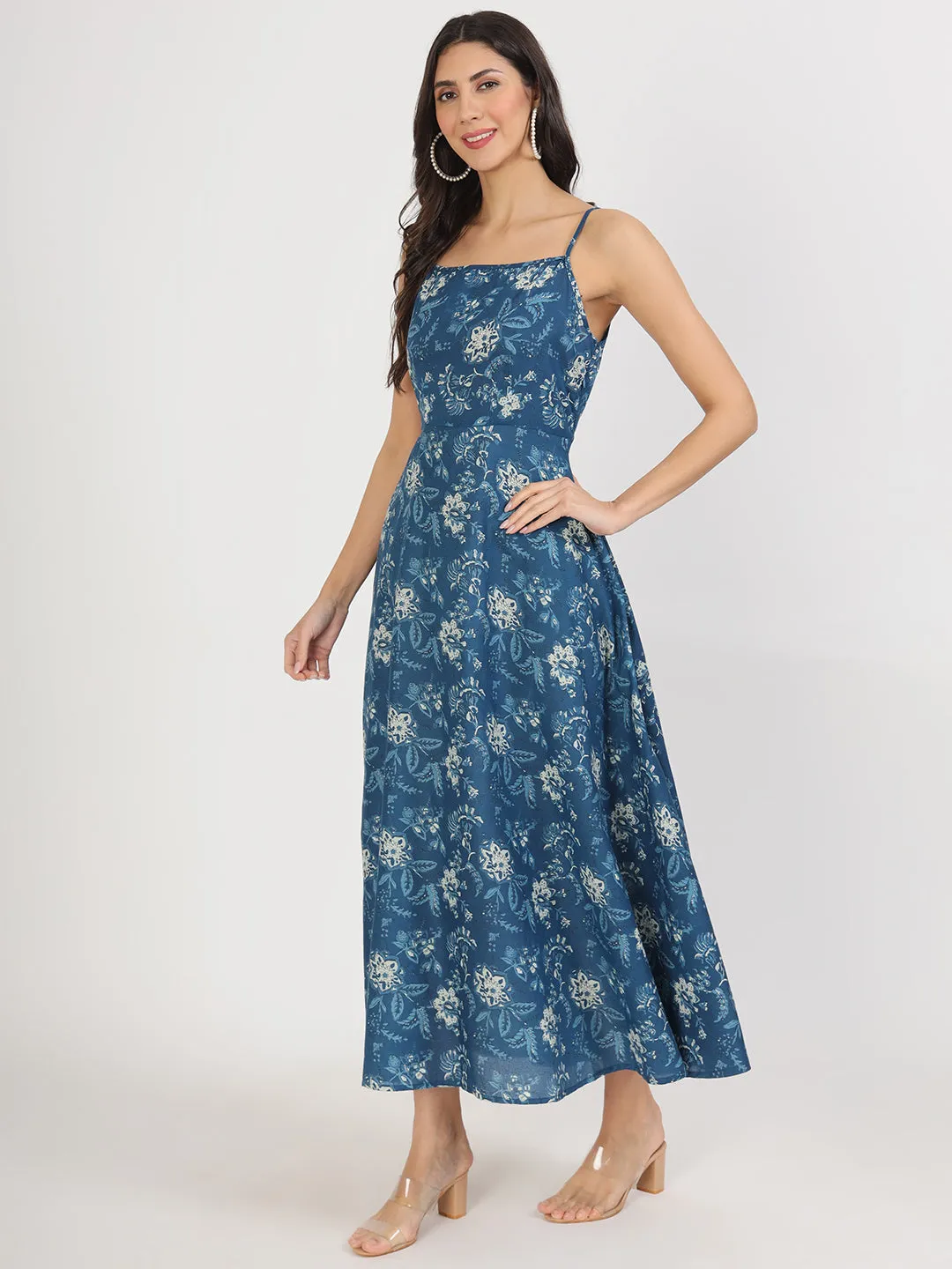 Indigo Blue Cotton Long Dress for Women by Divena