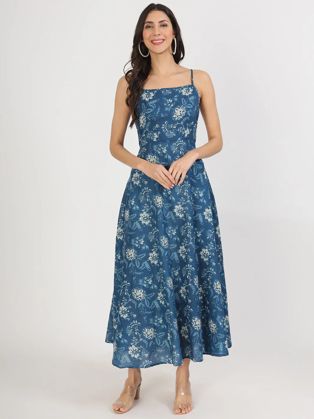 Indigo Blue Cotton Long Dress for Women by Divena