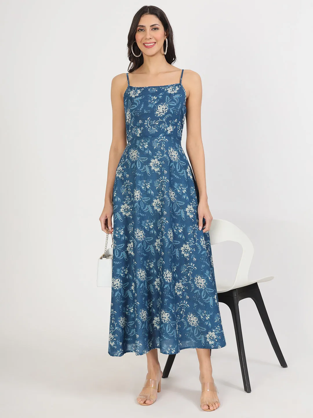 Indigo Blue Cotton Long Dress for Women by Divena