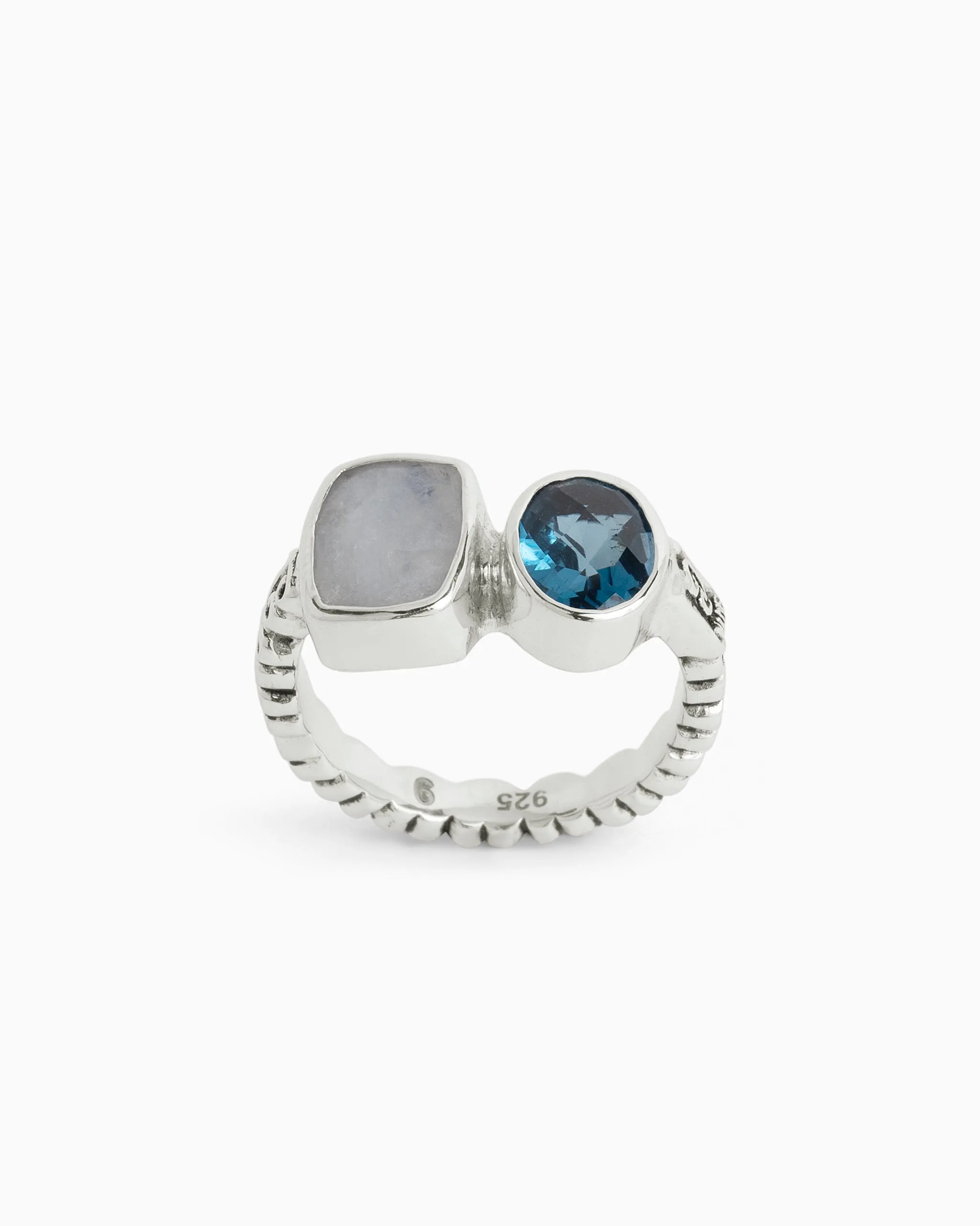 Double Stone Cocktail Ring with Petroglyph Band - London Blue Topaz/Moonstone