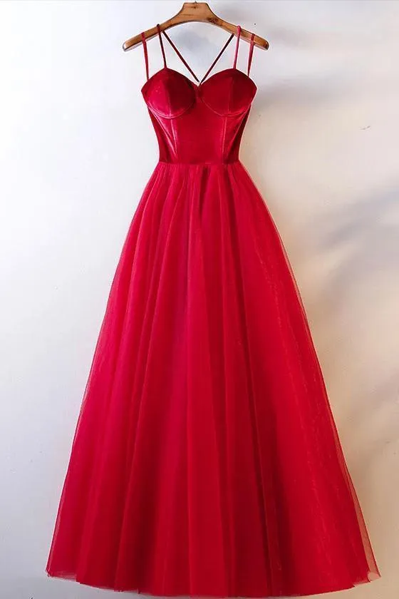 Elegant Spaghetti Straps Tulle Lace up Red Sweetheart Prom Dresses Tulle Formal Dresses