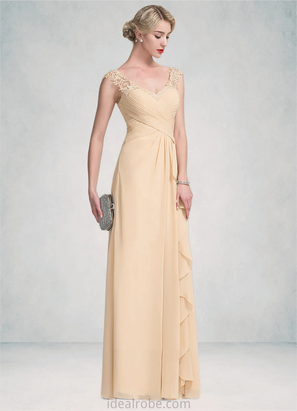 Ellie A-Line V-neck Floor-Length Chiffon Lace Mother of the Bride Dress With Split Front Cascading Ruffles STK126P0014619