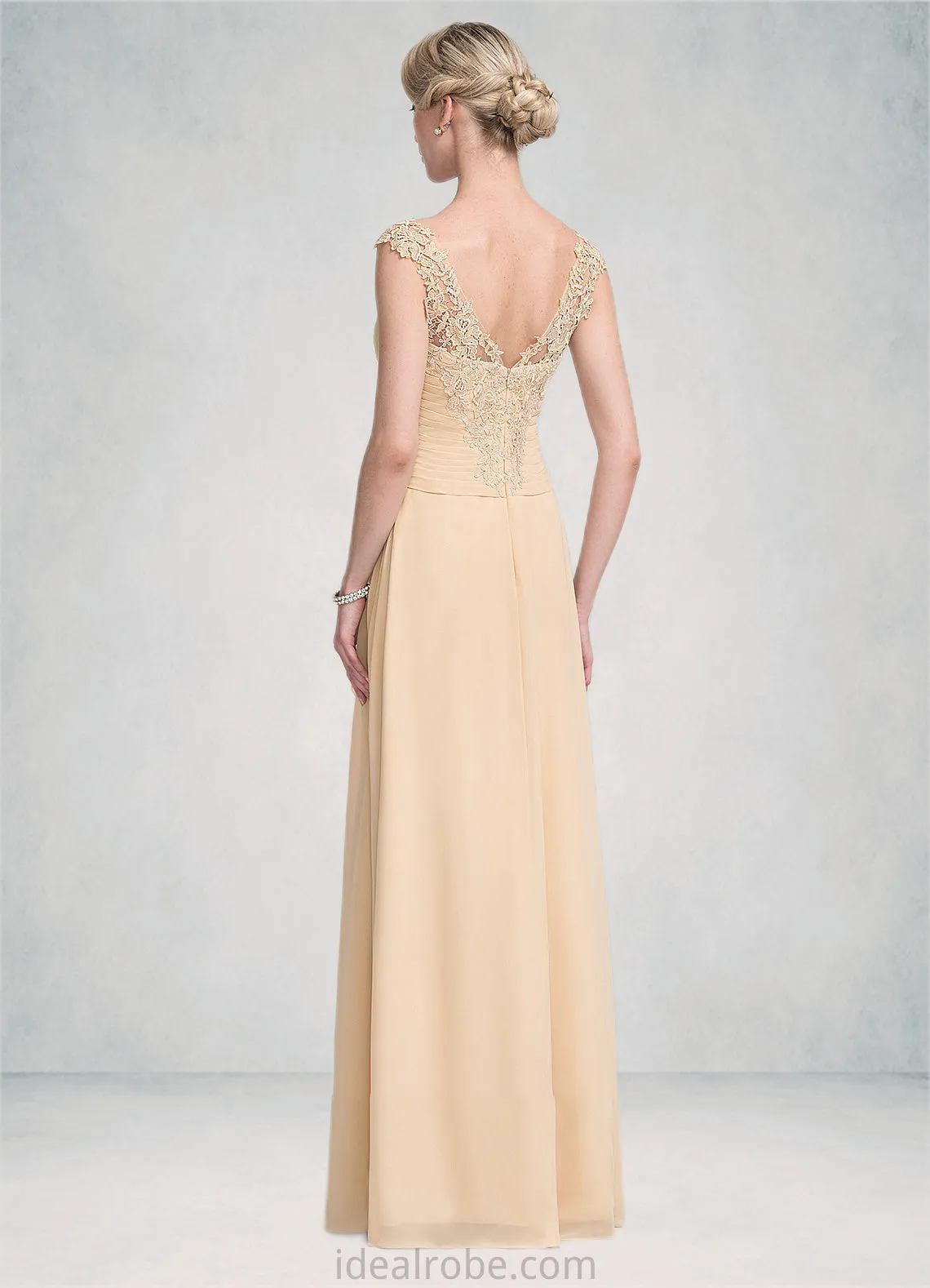 Ellie A-Line V-neck Floor-Length Chiffon Lace Mother of the Bride Dress With Split Front Cascading Ruffles STK126P0014619