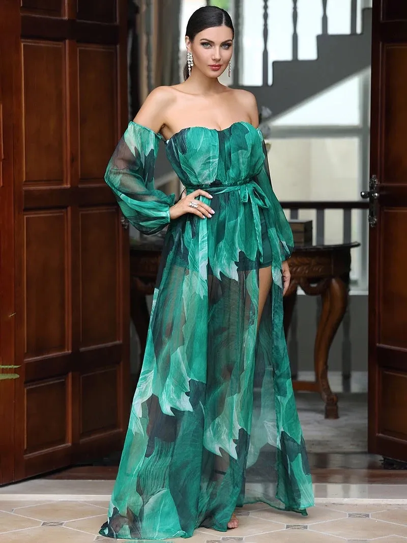 Flowy Strapless Chiffon Romper with Long Removable Sleeve and a Long Slit - Green