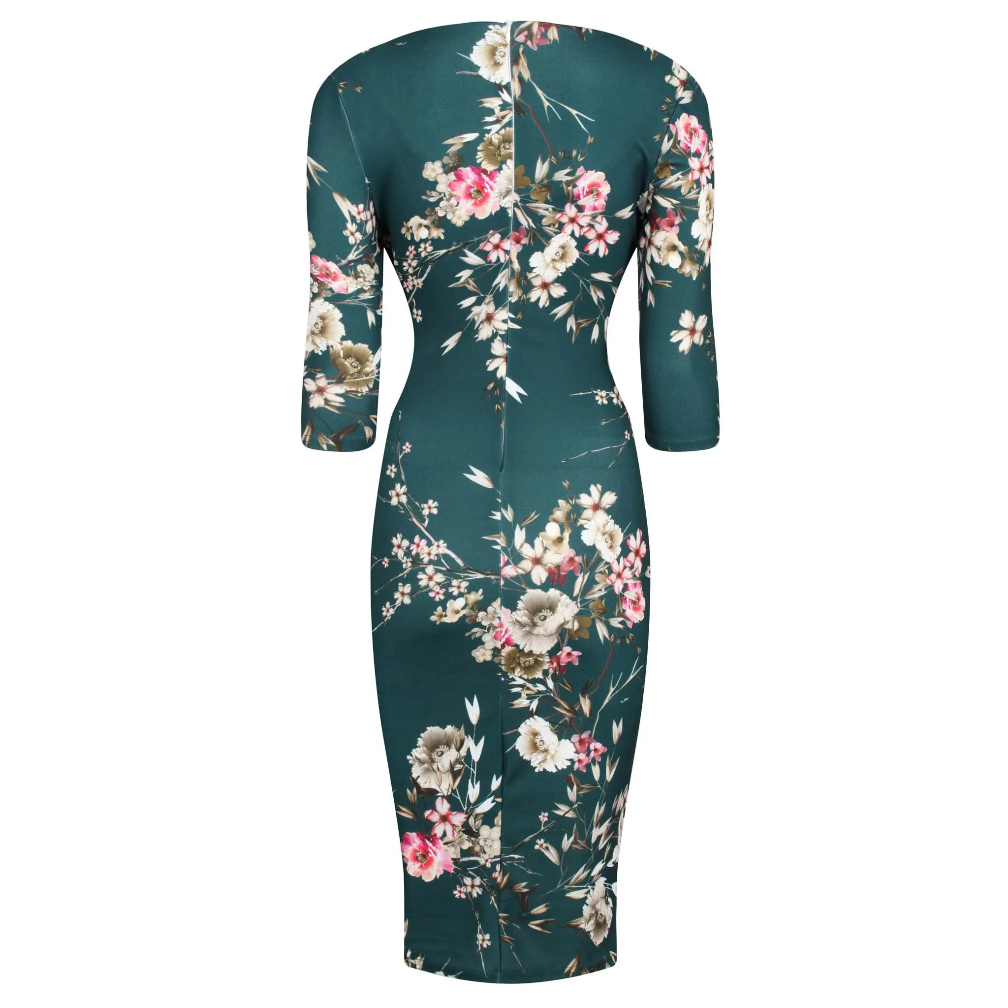 Forest Green Floral Print 40s 3/4 Sleeve Wiggle Wrap Dress