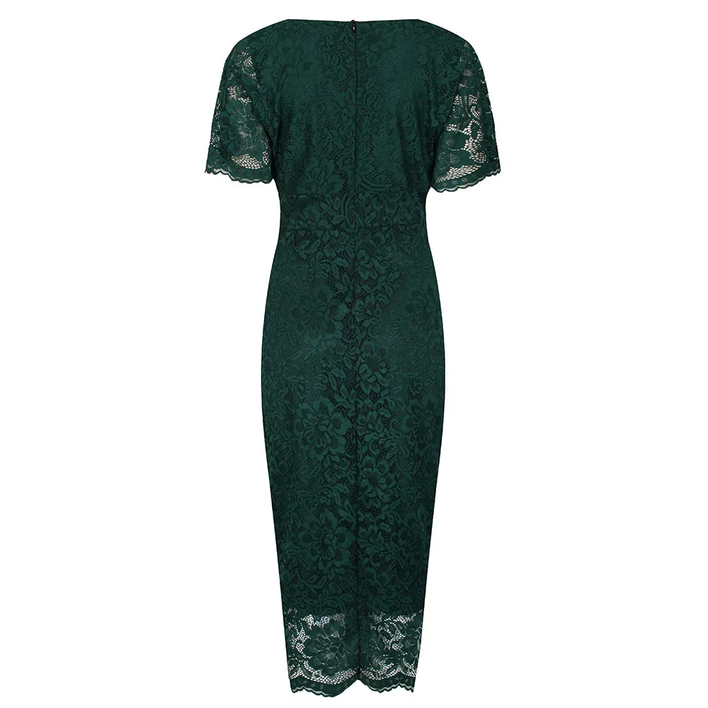 Forest Green Vintage Lace Detail Bodycon Midi Pencil Dress