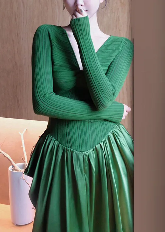 French Green V Neck High Waist Patchwork Knit Dresses Long Sleeve AS1063