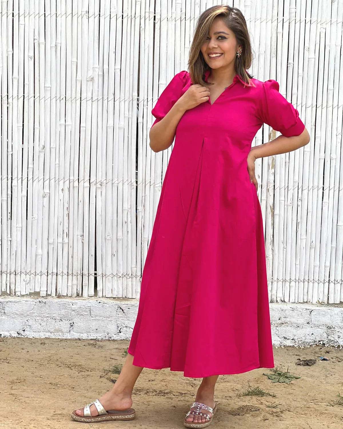 Fuchsia Cotton A-Line Dress