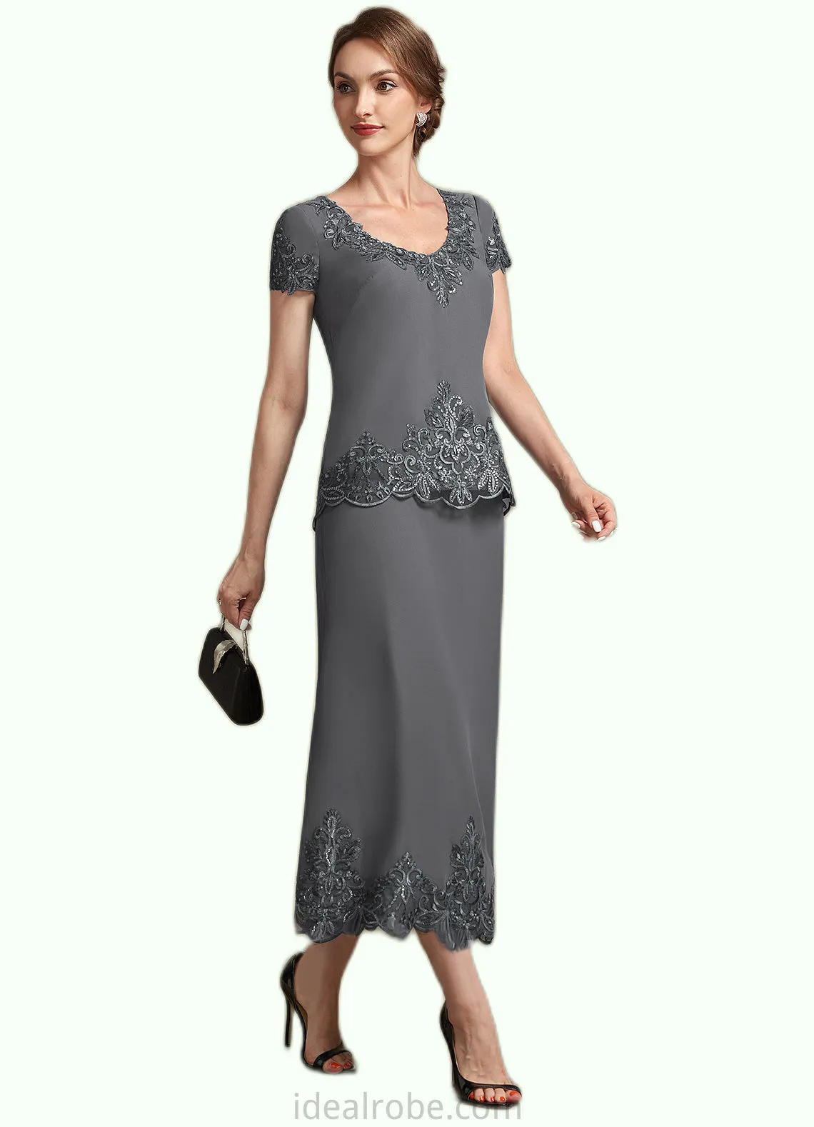 Gertrude A-Line Scoop Neck Tea-Length Chiffon Lace Mother of the Bride Dress With Sequins STK126P0014800