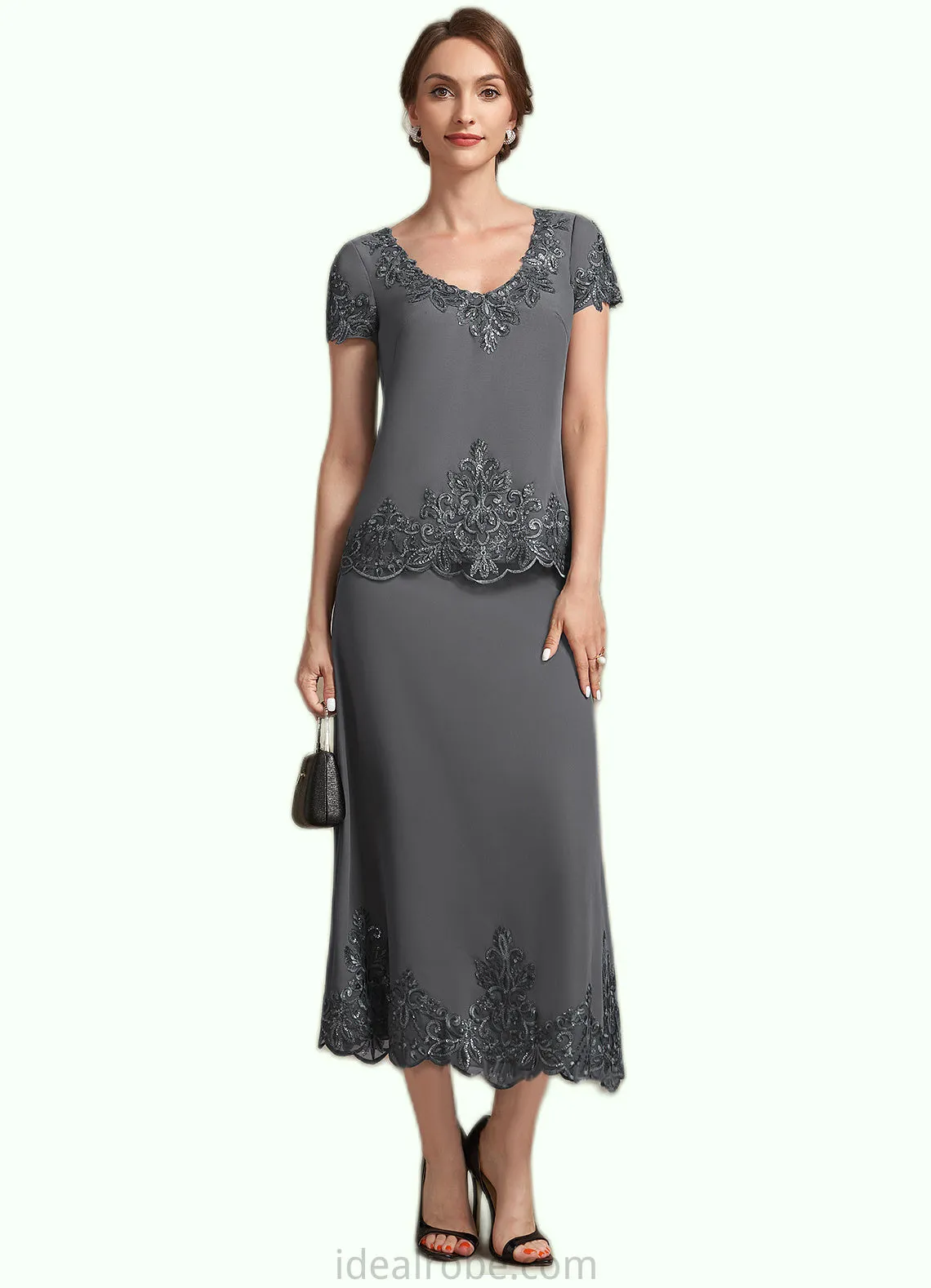 Gertrude A-Line Scoop Neck Tea-Length Chiffon Lace Mother of the Bride Dress With Sequins STK126P0014800