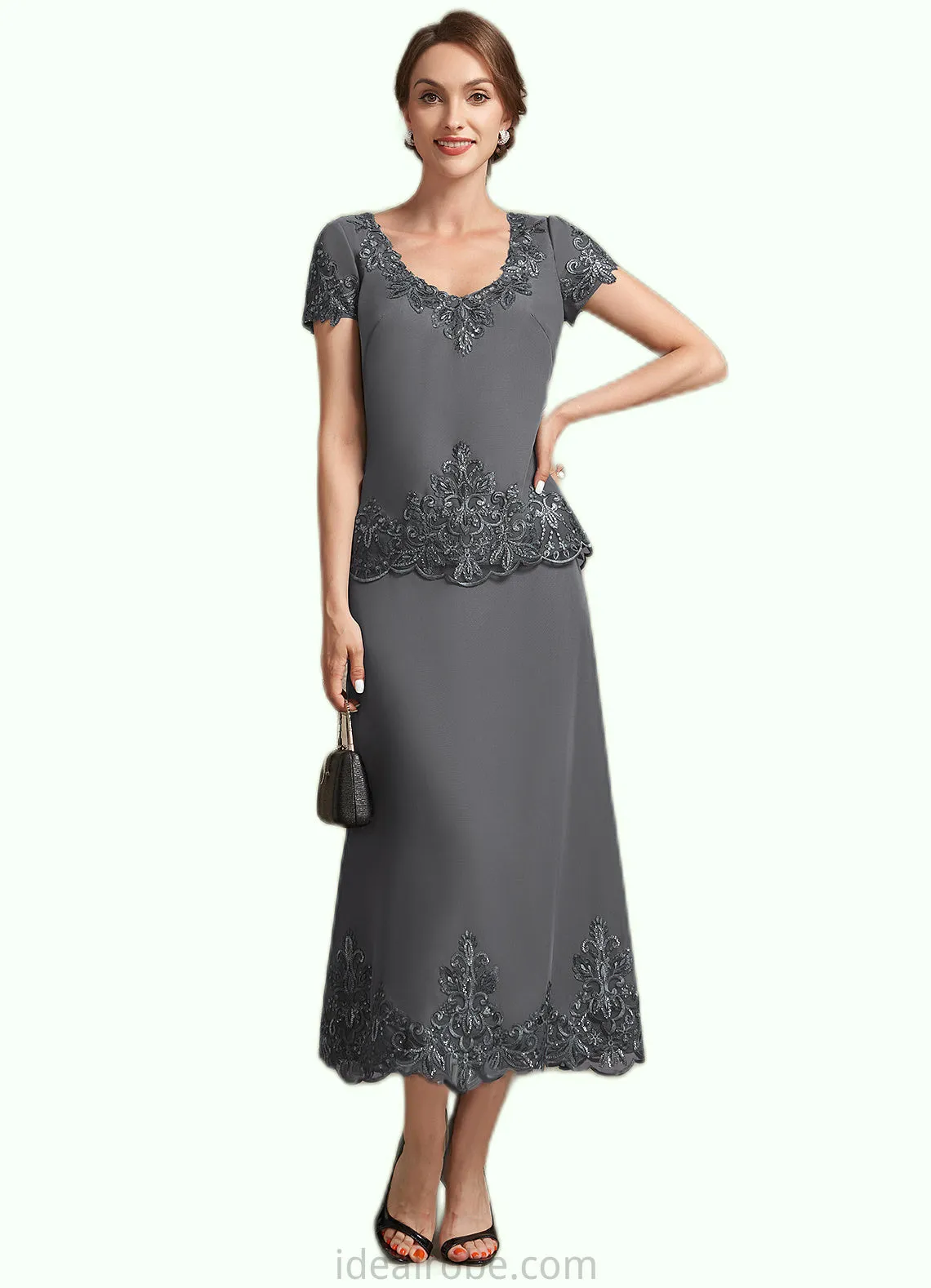 Gertrude A-Line Scoop Neck Tea-Length Chiffon Lace Mother of the Bride Dress With Sequins STK126P0014800