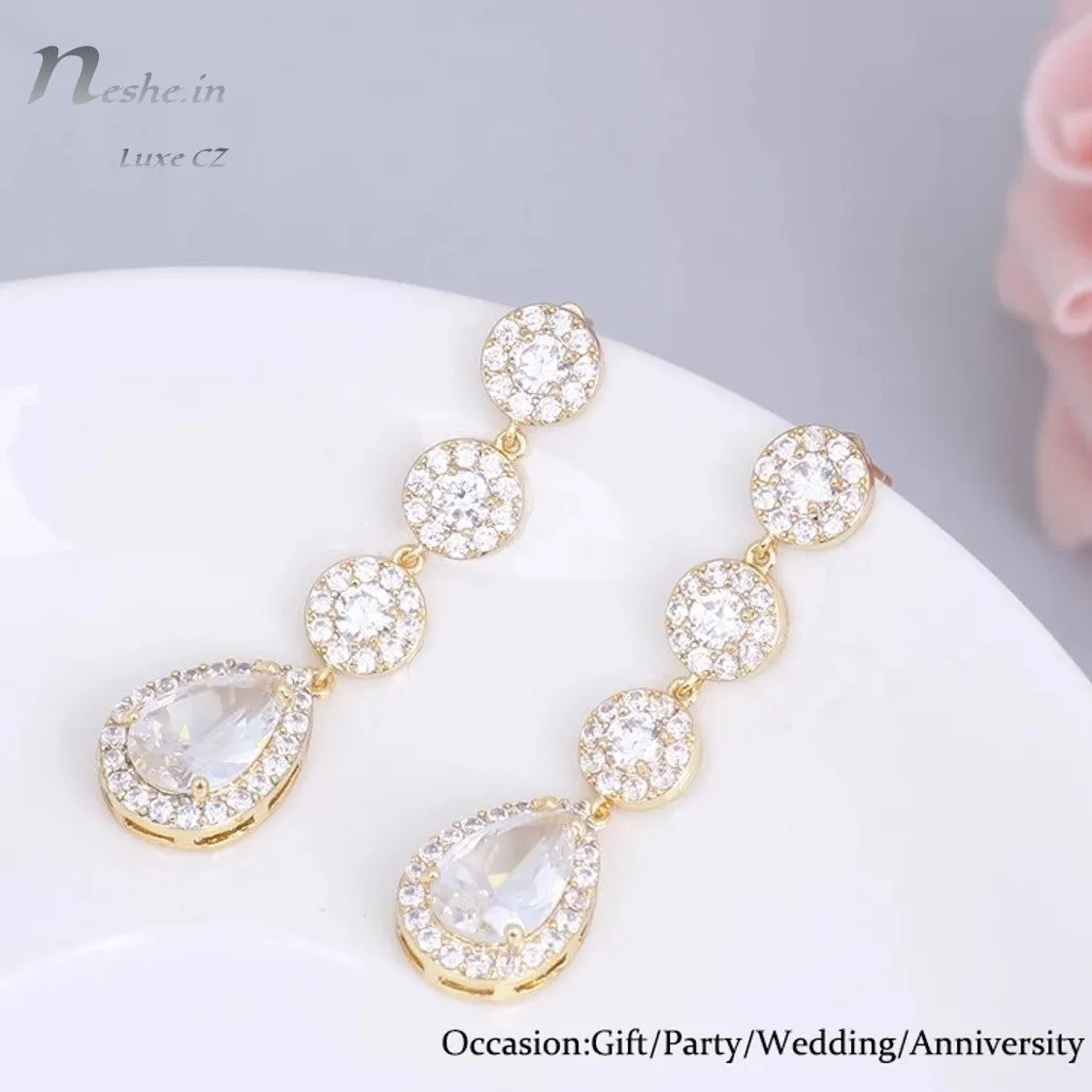 Glittering Water-Drop AAA CZ Crystal Wedding Party Earrings