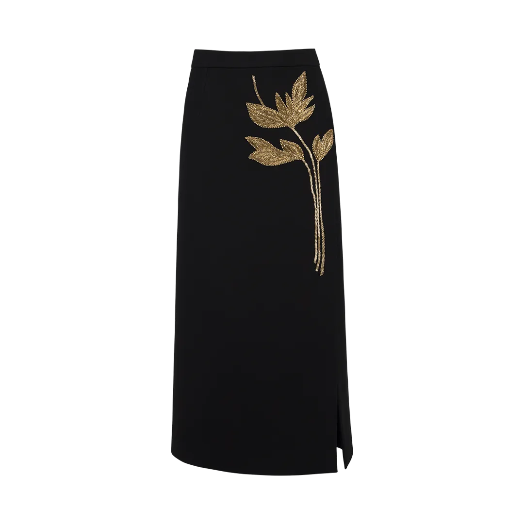 Gold Foliage Embroidered Midi Skirt