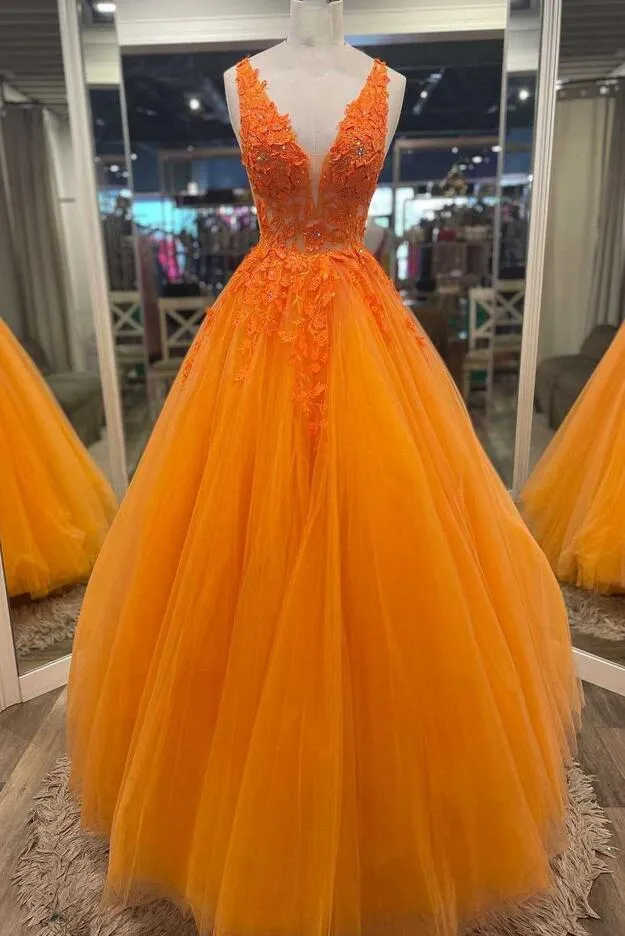 Gorgeous Orange V-Neck Floral Tulle Long Prom Dress PC1337