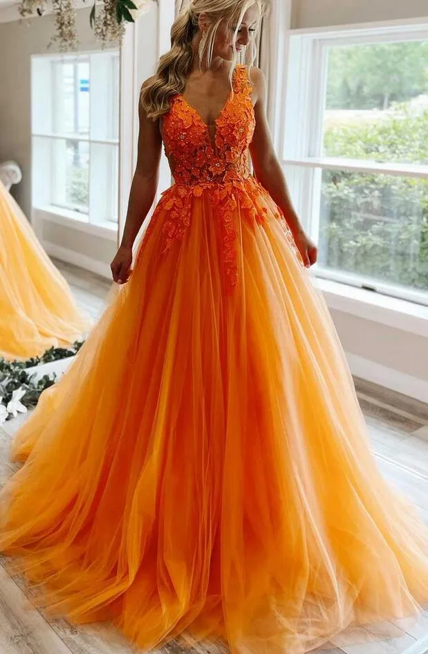 Gorgeous Orange V-Neck Floral Tulle Long Prom Dress PC1337