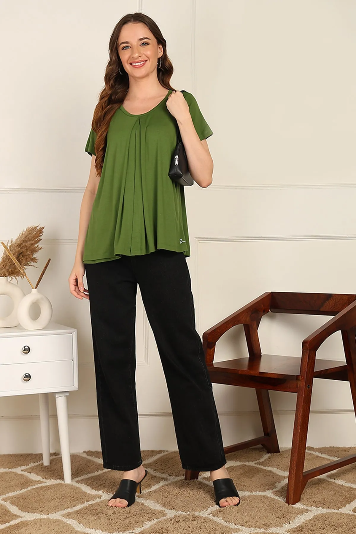 Green Front & Back Pleated Zipless Nursing Top