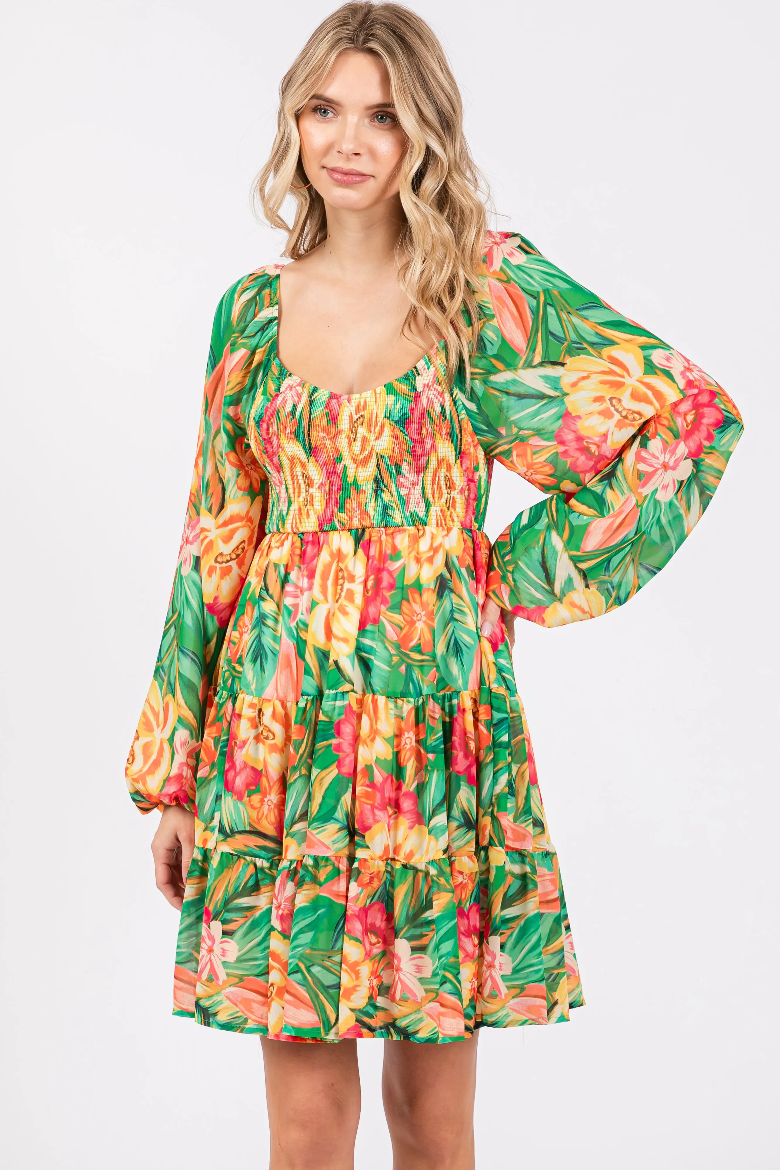 Green Tropical Floral Smocked V-Neck Midi Dress