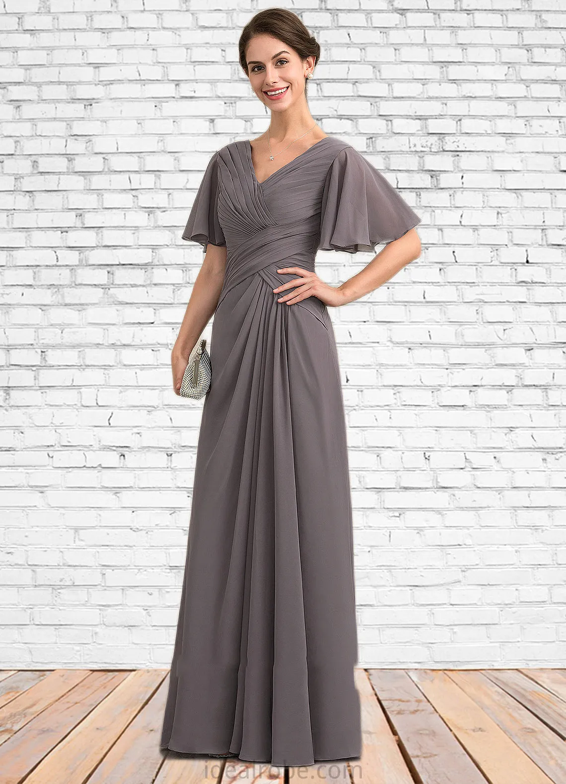 Iris A-Line V-neck Floor-Length Chiffon Mother of the Bride Dress With Ruffle STK126P0014581