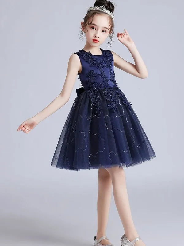 Jewel Neck Flower Girl Dresses Short Sleeves Embroidered Formal Kids Pageant Dresses