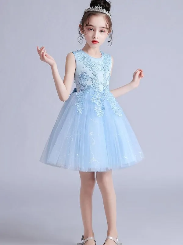 Jewel Neck Flower Girl Dresses Short Sleeves Embroidered Formal Kids Pageant Dresses