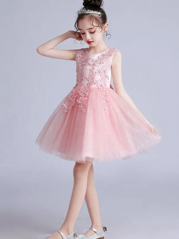 Jewel Neck Flower Girl Dresses Short Sleeves Embroidered Formal Kids Pageant Dresses