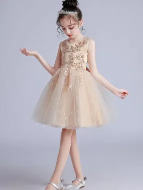 Jewel Neck Flower Girl Dresses Short Sleeves Embroidered Formal Kids Pageant Dresses