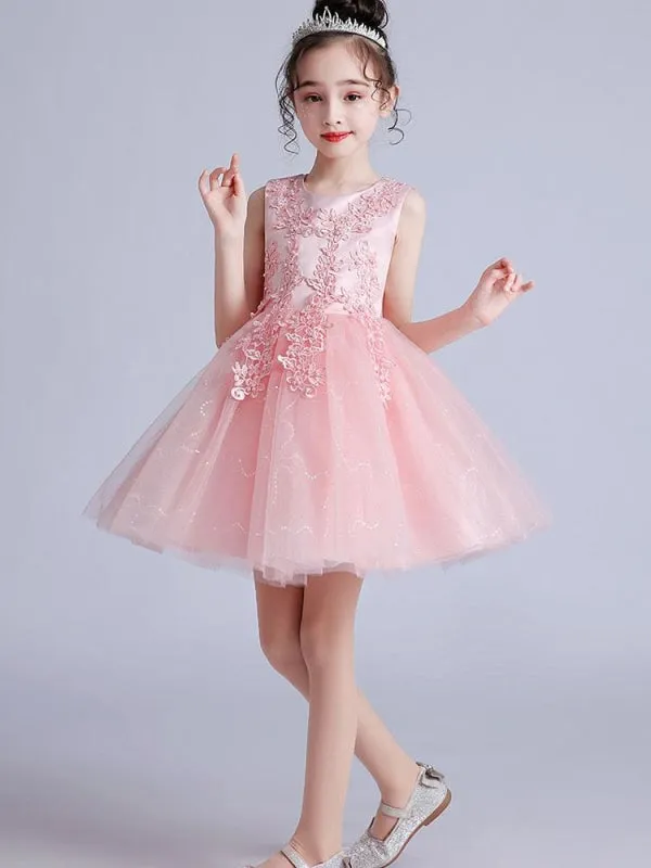 Jewel Neck Flower Girl Dresses Short Sleeves Embroidered Formal Kids Pageant Dresses