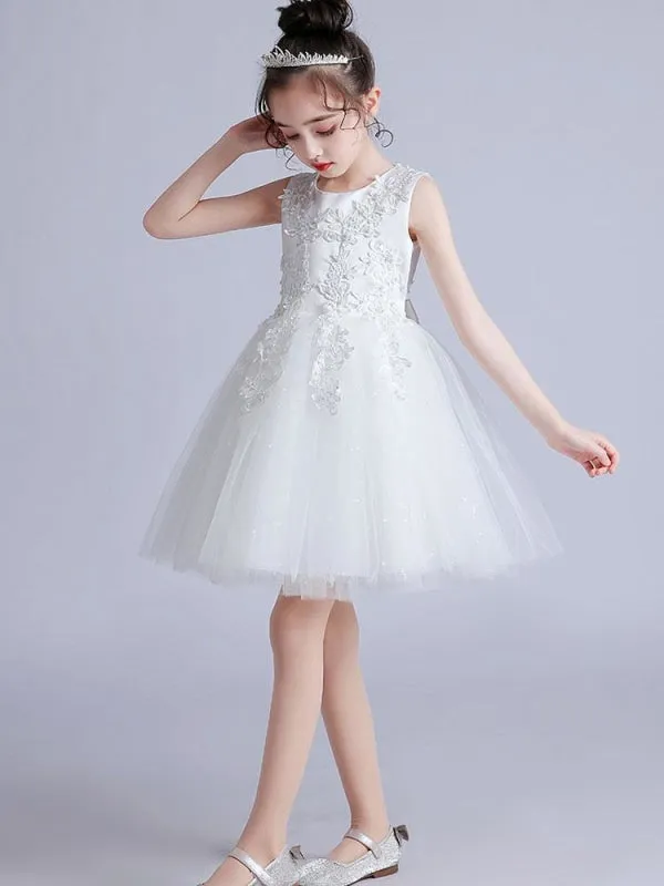 Jewel Neck Flower Girl Dresses Short Sleeves Embroidered Formal Kids Pageant Dresses