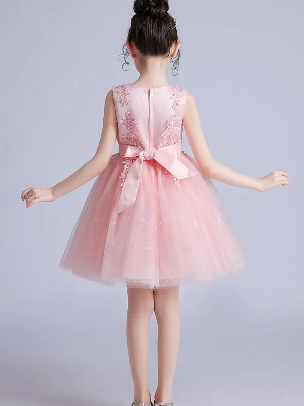 Jewel Neck Flower Girl Dresses Short Sleeves Embroidered Formal Kids Pageant Dresses