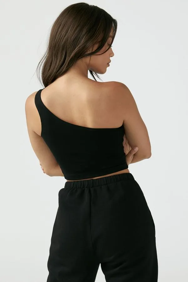 Joah Brown One Shoulder Crop Tank Black